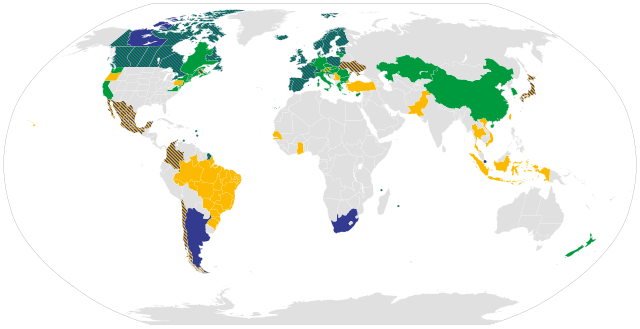 Carte mondiale des pays ayant une législation fixant un prix au carbone (en 2019) Prix du carbone et taxe carbone dans le marché du carbone vers 2019