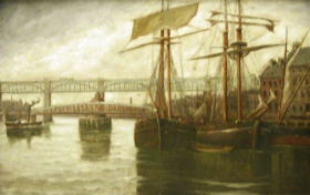 Newcastle colliers, tough workhorses of the coal era,  struggled to unload in the congested Thames (H. Carr: Shipley Art Gallery).
