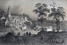 Châteaulin, vue prise de la chapelle de l'ancien cimetière (dessin d'Eugène Cicéri, 1867).