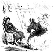 « — Ah ! mon Dieu ! Caroline, tu fais peindre ton portrait habillée en zouave ? — Que veux-tu, ma chère, le peintre n’a pas voulu me faire autrement, ce sont les seuls portraits que l’on regardera à l’Exposition de cette année, à ce qu’il dit. ». Cham, 1857