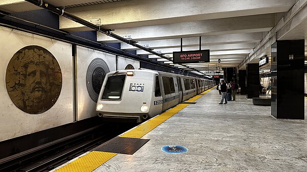 A BART train pulling into the station in 2022