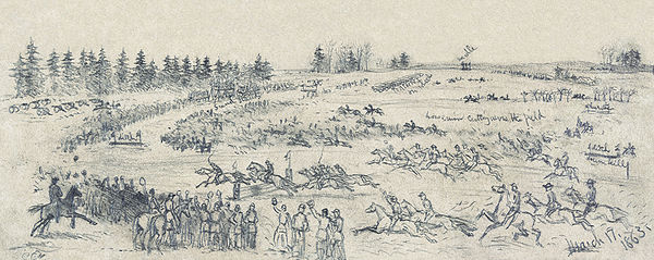 An illustration of the Army of the Potomac celebrating Saint Patrick's Day with a steeplechase race among the Irish Brigade, drawn by Edwin Forbes on 