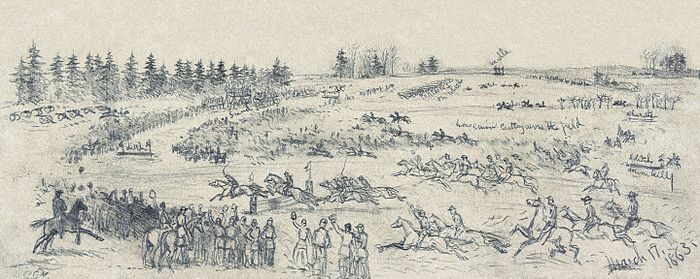 Saint Patrick's Day celebration in the Army of the Potomac, depicting a steeplechase race among the Irish Brigade, March 17, 1863, by Edwin Forbes