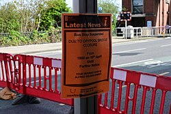 A suspended set-down bus stop adjacent to the Drypool Bridge in Kingston upon Hull, which has closed to vehicle access as a result of serious structural defects being discovered.