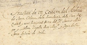 Coberta del manuscrit 'Decendentia de la Casa de Queralt", escrit per Jaume Magre el 1639