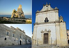 Слева вверху Башня Наспаро, слева внизу Дворец барона Серафини, справа Собор Святого Иппацио