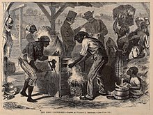 "The First Cotton Gin", an engraving from Harper's Magazine, 1869. This carving depicts a roller gin being used by enslaved Africans, which preceded Eli Whitney's invention. Cotton gin harpers.jpg