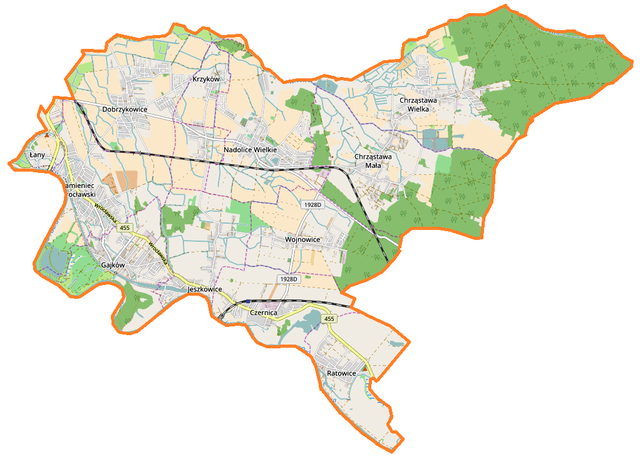 Mapa konturowa gminy Czernica, u góry nieco na prawo znajduje się punkt z opisem „Kościół pw. Niepokalanego Poczęcia Najświętszej Maryi Panny”