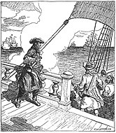 D’Iberville sur la dunette du Pélican face aux trois vaisseaux anglais au matin du 5 septembre 1697.