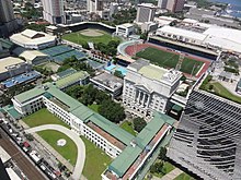 De La Salle University, the oldest constituent institution of De La Salle Philippines De La Salle University (DLSU) Campus; Rizal Memorial Sports Complex; Harrison Plaza - Aerial Shot (Taft Avenue, Malate, Manila; 2015-06-25).jpg