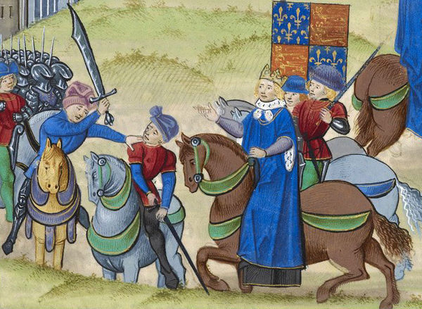 Depiction of Wat Tyler's demise by the hand Sir William Walworth in the Peasants' Revolt of 1381, with Richard II watching.