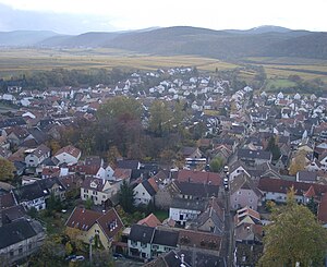 The Hartenberg (center) photographed from Deidesheim.  To the left behind you can see the Weinbiet, to the right of it is the Stabenberg.