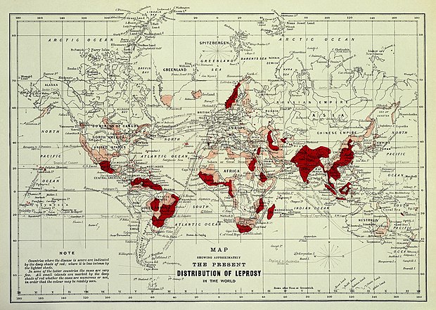 Distribution of leprosy around the world in 1891