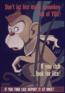 World War II-era American poster, created to prevent outbreaks of pediculosis among servicemen Dont Let Lice Make A Monkey Out Of You.png