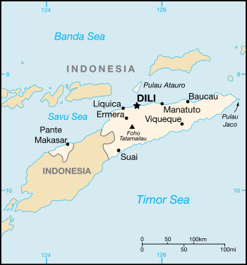Map of Timor and the adjacent small islands of Atauro and Jaco (labelled Pulau Atauro and Pulau Jaco, respectively).