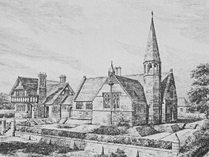 A black-and-white drawing, with the house to the left and the school to the right. The house is in stone with a jettied timber-framed upper storey; the school is in stone, T-shaped, and has a narrow octagonal turret and spire on its right.