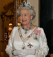 Queen Elizabeth II wearing the Brazilian Aquamarine Parure in 2006. The star and collar are a Brazilian decoration, the Order of the Southern Cross. Elizabeth II Southern Cross.png