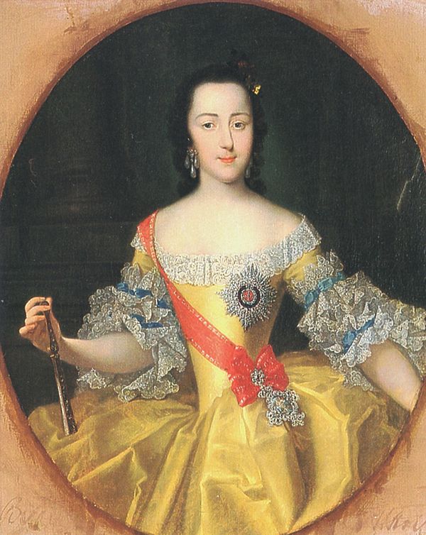 Portrait of the Grand Duchess Ekaterina Alekseyevna (the future Catherine the Great) around the time of her wedding, by Georg Christoph Grooth, 1745