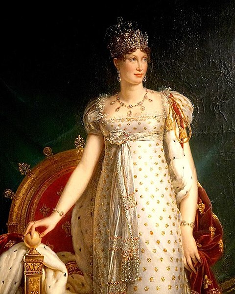 Portrait by Jean-Baptiste Paulin Guérin, c. 1812. She wears a diamond and emerald crown, a necklace, and earrings given as a wedding gift by Napoleon.