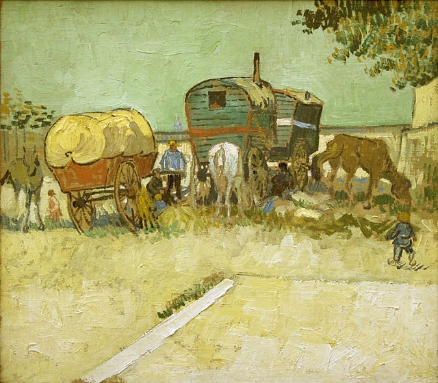 A painting by Vincent van Gogh depicting a caravan of nomadic Roma