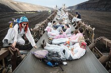 3500-4000 environmental activists blocking a coal mine in Germany to limit climate change (Ende Gelande 2016) Forderband bunt.jpg