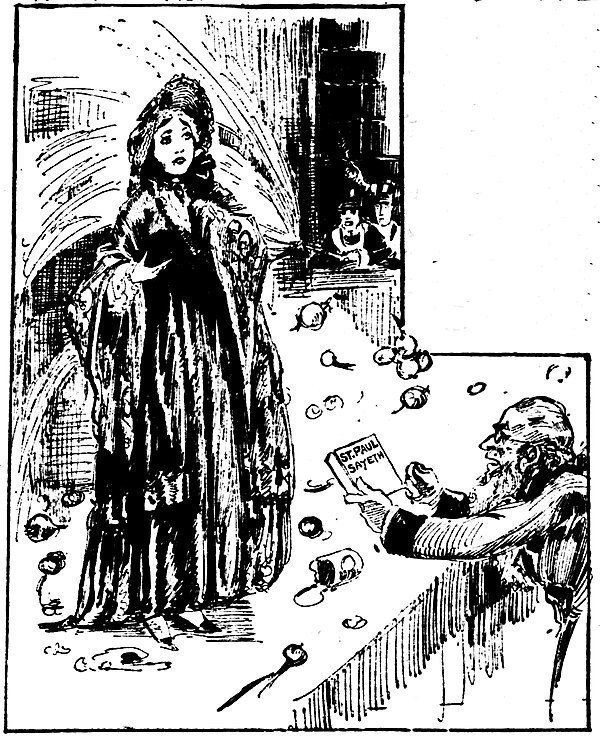 Fanciful 1919 drawing by Marguerite Martyn of Lucy Stone as a young woman being pelted with vegetables as she speaks. At right, jeering men spray her 