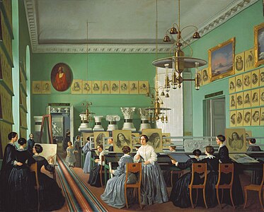 Внутренний вид женского отделения Петербургской рисовальной школы для вольноприходящих. 1855