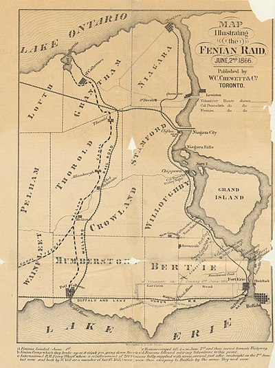 A map of the 1866 Fenian raid into Ontario.