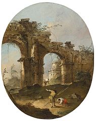 Francesco Lazzaro Guardi (1712 –1793) Een architectonische Capriccio met figuren bij een verwoeste boog.jpg