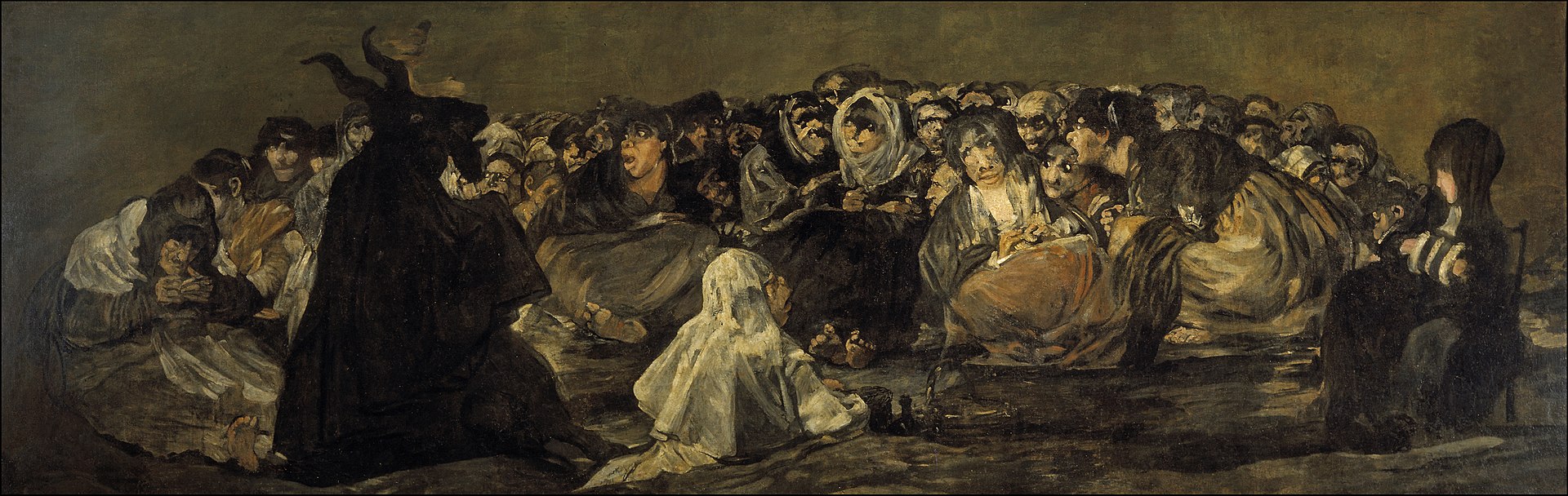In an array of earthen colours, a black silhouetted horned figure to the left foreground presides over and addresses a tightly packed group of wide-eyed, intense, scary, elderly and unruly women.
