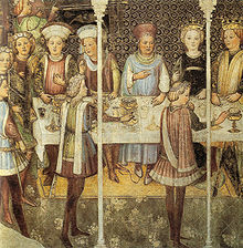 Detail of the frescoes in the Theodelinda Chapel in the Cathedral of Monza Fratelli zavattari, banchetto di nozze, cappella di teodolinda, duomo di monza, 1444.jpg