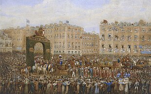 Triumphal entry of George IV of the United Kingdom into Dublin, 1821, with temporary arch GeorgeIVDublin.jpg