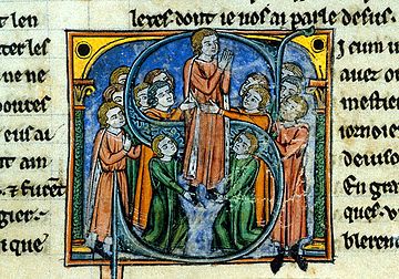 Godfrey of Bouillon being created the Lord of the city. Histoire d'Outremer by William of Tyre, detail of an historiated initial S, British Library Manuscript in the Yates Thompson Collection (No. 12, fol. 46), 13th century.
