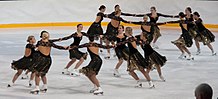 Team Golden Blades perform a circle rotating element during their short program at the qualifiers for the 2010 Finnish Synchronized Skating Championships GoldenBlades, Tappara 20091213-4.jpg