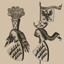 Wappen der Grafen von Grüningen und Ulrichs III. von Württemberg mit der 1336 zusammen mit Burg und Stadt Grüningen erworbenen Reichssturmfahne