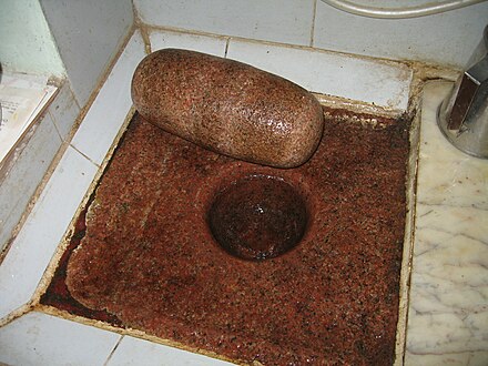Traditional grinding stone used for making chutney, dosa batter and idli batter, in India today.