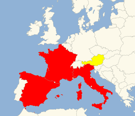 Spain, France, and Italy (red) denied Bolivian president Evo Morales permission to cross their airspace. Morales's plane landed in Austria (yellow).