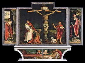 The figures at the base of The Crucifixion from Grunewald's Isenheim Altarpiece were an influence on Bacon's Three Studies. The British painter knew this picture since at least 1929. Grunewald Isenheim1.jpg