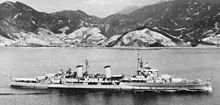 Belfast arriving at Kure, Japan, in May 1950. HMS Belfast (C35) in Japan 1950.jpg