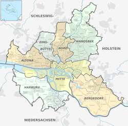 The 7 boroughs and 104 quarters of Hamburg Hamburg Subdivisions.svg