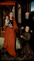 Hans Memling; the Madonna looks benevolently at the donor, who is presented by Saint Anthony the Great, and blessed by the Christ-child