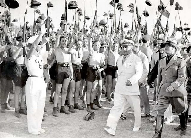 Benito Mussolini and fascist Blackshirt youth in 1935