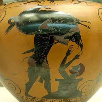 Herakles brings Eurystheus the Erymanthian boar, as depicted on a black-figure amphora (c. 550 BC) from Vulci. Herakles Erymanthian boar BM B213.jpg