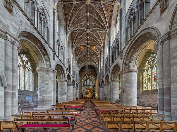 Hereford Cathedral's nave looking towards the choir, viewed from the west.