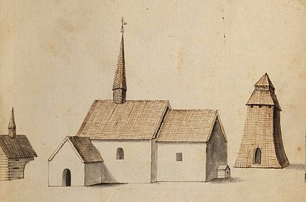 Kyrkan på teckning omkring 1670. [1]