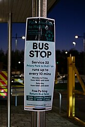 A temporary bus stop sign at the Priory Park park & ride site for the 2023 instalment of Hull Fair.