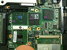 Part of an Thinkpad T42 laptop motherboard showing the CPU, GPU, Northbridge (NB), and Southbridge (SB) IBM ThinkPad T42 Motherboard.jpg