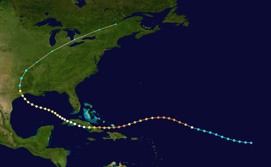Map plotting the storm's track and intensity, according to the Saffir–Simpson scaleMap key Saffir–Simpson scale .mw-parser-output .div-col{margin-top:0.3em;column-width:30em}.mw-parser-output .div-col-small{font-size:90%}.mw-parser-output .div-col-rules{column-rule:1px solid #aaa}.mw-parser-output .div-col dl,.mw-parser-output .div-col ol,.mw-parser-output .div-col ul{margin-top:0}.mw-parser-output .div-col li,.mw-parser-output .div-col dd{page-break-inside:avoid;break-inside:avoid-column} .mw-parser-output .legend{page-break-inside:avoid;break-inside:avoid-column}.mw-parser-output .legend-color{display:inline-block;min-width:1.25em;height:1.25em;line-height:1.25;margin:1px 0;text-align:center;border:1px solid black;background-color:transparent;color:black}.mw-parser-output .legend-text{}  Tropical depression (≤38 mph, ≤62 km/h)   Tropical storm (39–73 mph, 63–118 km/h)   Category 1 (74–95 mph, 119–153 km/h)   Category 2 (96–110 mph, 154–177 km/h)   Category 3 (111–129 mph, 178–208 km/h)   Category 4 (130–156 mph, 209–251 km/h)   Category 5 (≥157 mph, ≥252 km/h)   Unknown    Storm type  Tropical cyclone  Subtropical cyclone  Extratropical cyclone / Remnant low / Tropical disturbance / Monsoon depression