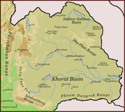 Et kort over Khorat Plateau-regionen