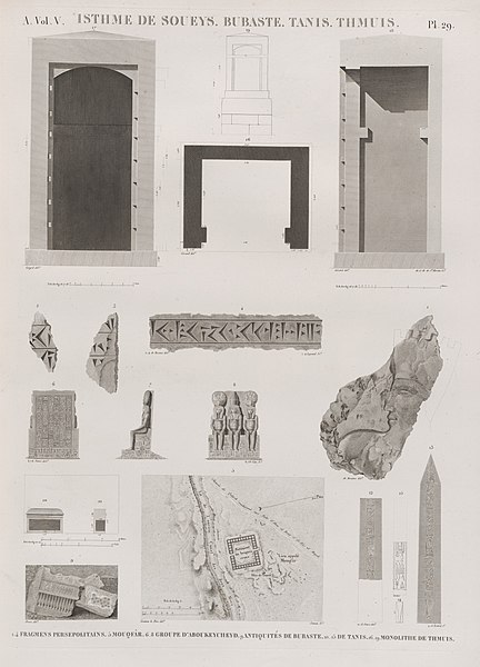 Pl.29 - 1-4. Fragmens Persépolitains 5. Mouqfâr 6-8. Groupe d'Aboukeycheyd 9. Antiquités de Bubaste 10. de Tanis; 16-19 Monolith de Thmuis